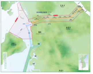 관제구역도 이미지. Gyeongin Coastal VTS Area (4,746 , CH.71) : 1섹터(SECTOR 1) 1,874㎢ / 2섹터(SECTOR 2) 1,815㎢ / 3섹터(SECTOR 3) 1,057㎢. 자세한 위치는 아래를 참고하세요.