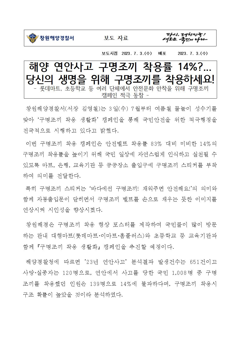 해양 연안사고 구명조끼 착용률 14%, 당신의 생명을 위해 구명조끼를 착용하세요!(240703)