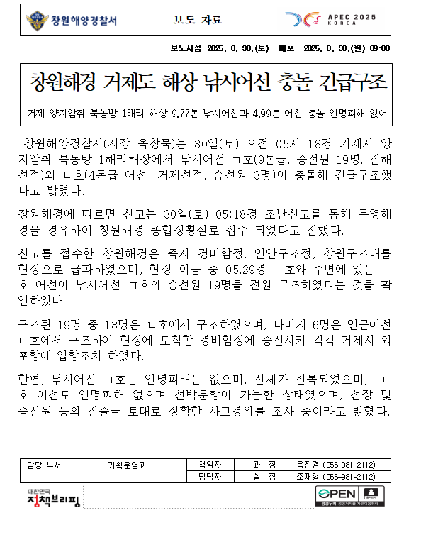 창원해경, 거제도 해상 낚시어선 충돌 긴급구조(250830)